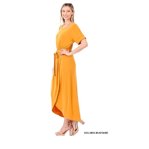 Belted Short Sleeve Tulip Dress - Maxi Dress - Hi Low Spring / Summer Dress - Picture 4 of 5